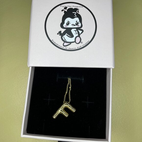 Trendy Gold Tone Bubble Initial 'F' Necklace (Pixie The Penguin Box) - Picture 1 of 3